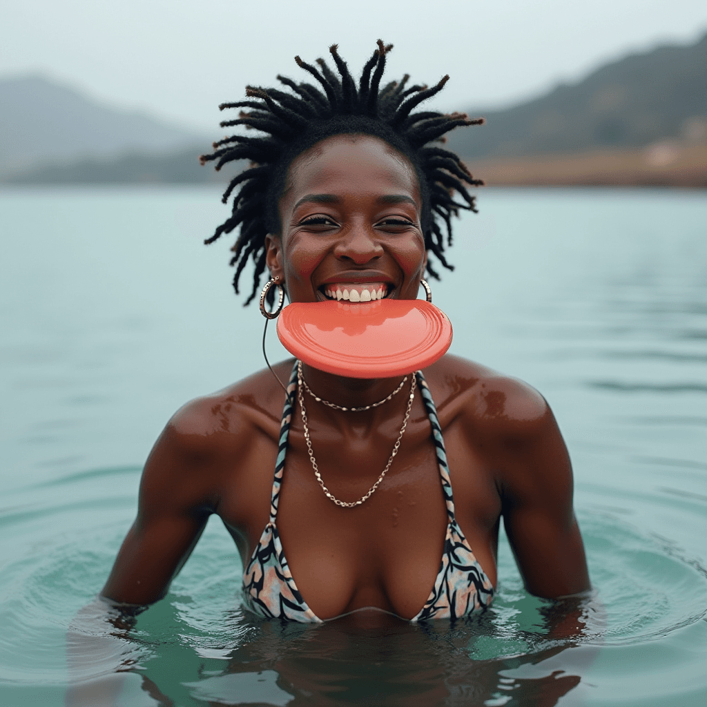 A woman in a bikini playfully holds a frisbee in her mouth while standing in the water.