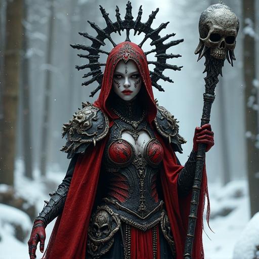 Dark fantasy sorceress in snowy forest. Pale face with black markings. Wearing red ornate hood and dark halo with skulls. Complex red and black armor. Holding staff with a skull. Ominous and powerful presence.