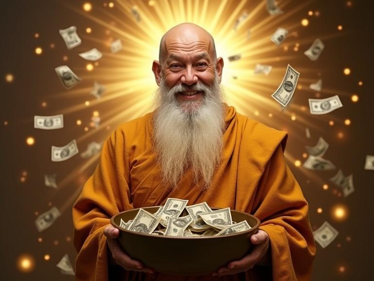 Image of a monk holding a pot of dollars, smiling, wearing golden robes, long white beard, dollars flying around, bright light behind head.