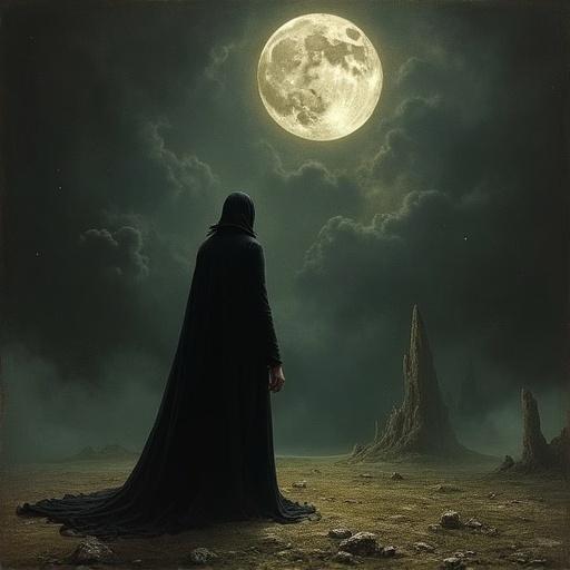 A figure in a dark cloak stands in a desolate landscape under a large moon. The figure is looking out into the void, expressing profound loneliness and sadness. The scene invokes a sense of despair and hope for an answer from the infinite. Inspired by Hieronymus Bosch's themes.