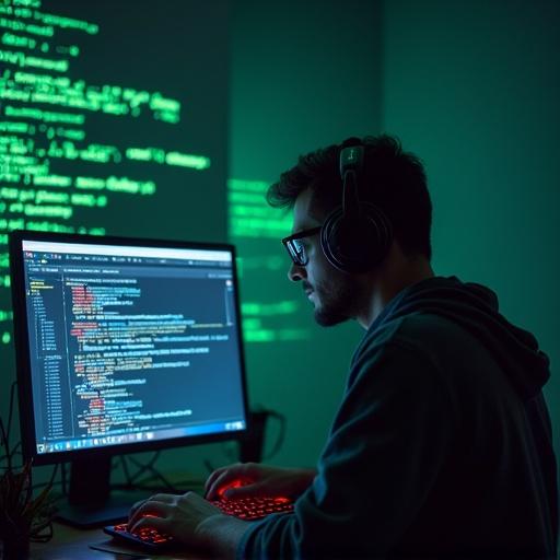 A programmer works at a computer during nighttime. The monitor displays lines of code. The room is dimly lit adding a focused atmosphere. Headphones are on the programmer. The green text casts a glow in the dark setting.