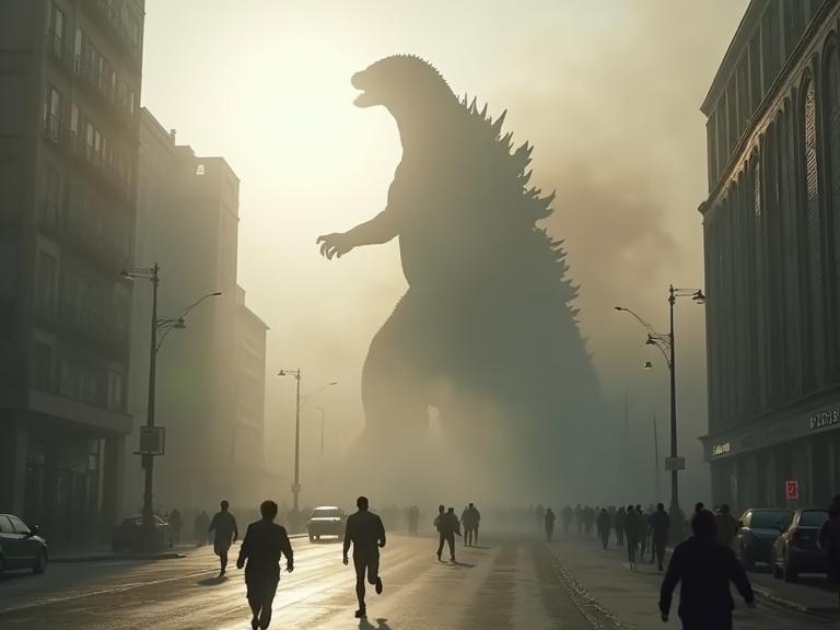 Dark cinematic image with a huge stegosaurus-like creature. It stands 300 ft tall. Scene depicts a city street. Fog and dust cloud surround the monster. People run in fear. Light rays illuminate the scene. Realistic textures. The creature casts a large shadow. Taller than buildings. Grey filter applied.