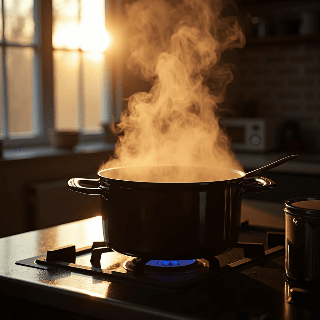 A pot on a stove emits steam as the sun sets, casting a warm, golden light through a kitchen window.