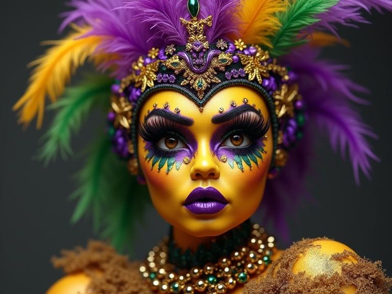 Digital illustration of a glamorous female character dressed for Mardi Gras parade. Features bold makeup with yellow skin tone. Includes long eye lashes, colorful feather headdress, and beaded accessories. Eye-catching and artistic representation.