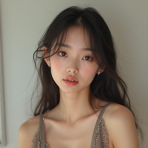 A cute female college student with soft features posing naturally. Warm lighting highlights her gentle appearance. She has long hair and is wearing a stylish outfit. Her expression is calm and inviting.