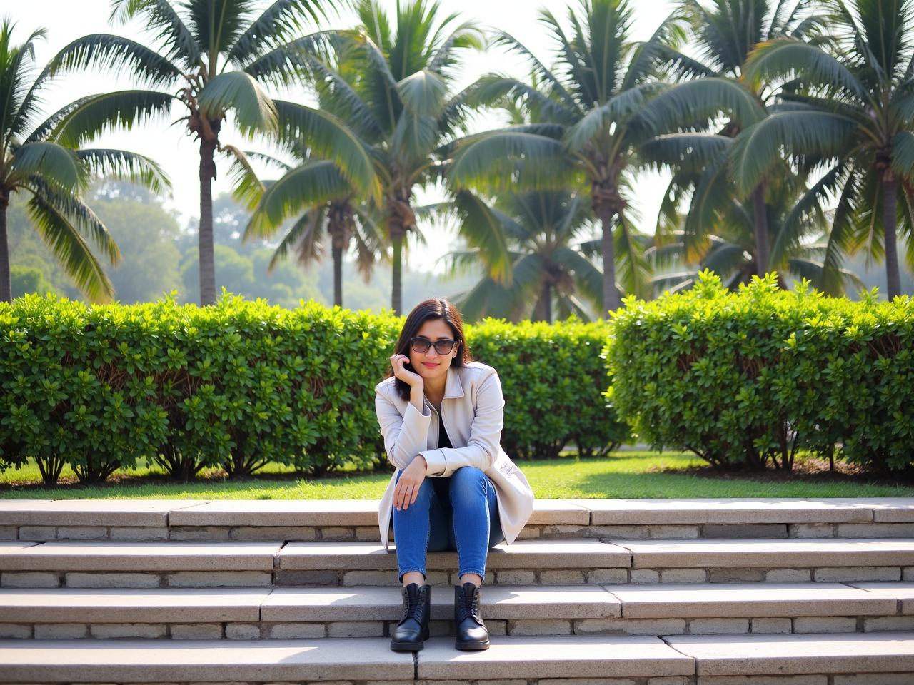 The image shows a person sitting on a set of stone steps in a park. The individual is wearing a light-colored jacket and dark shoes. In the background, there are tall palm trees and green bushes, indicating a lush environment. The sunlight is visible, suggesting it is either morning or late afternoon. The person appears to be deep in thought or enjoying the serene surroundings.