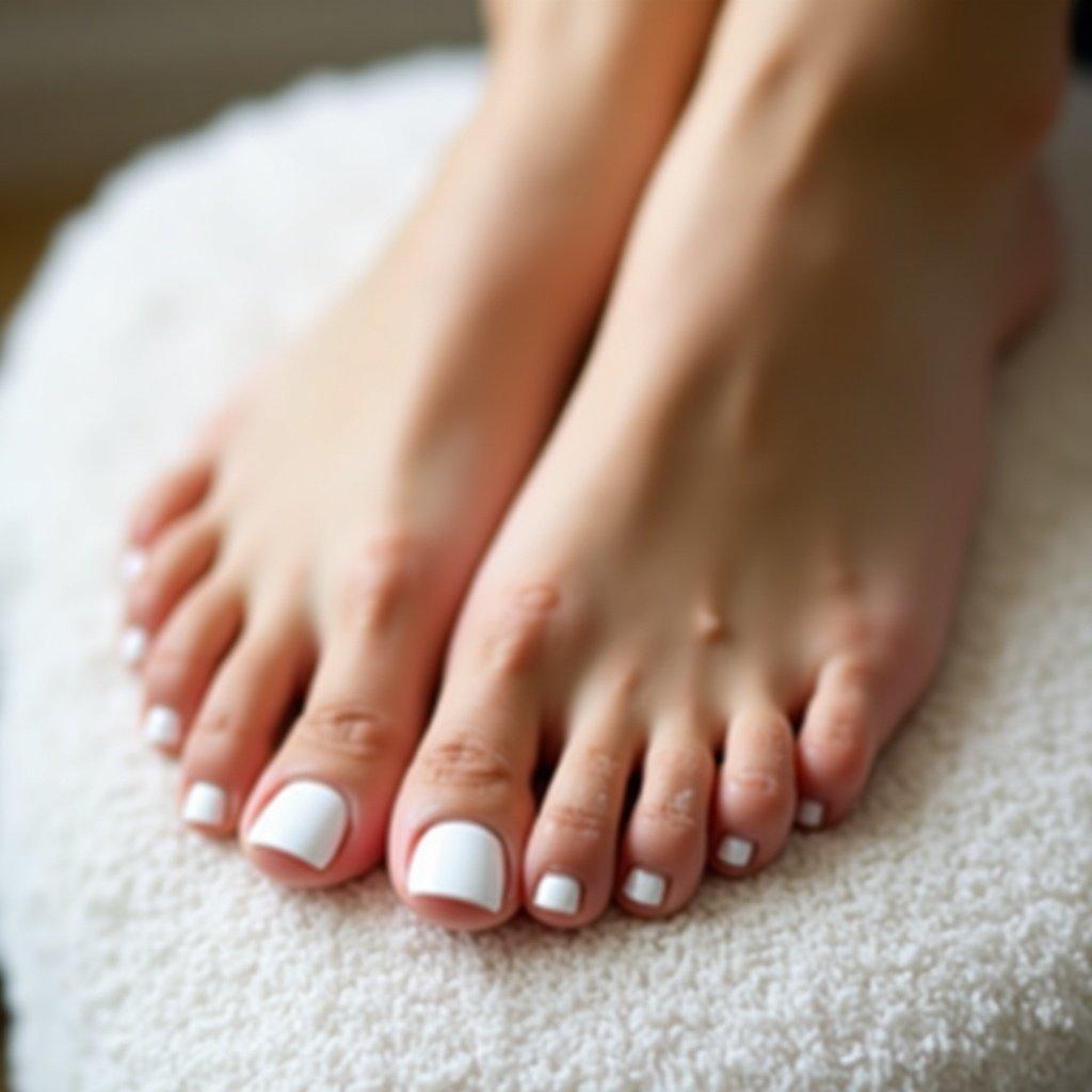 Image of feet with white toenail polish. Young woman's feet in close-up. Smooth skin and neatly shaped toes. Soft natural lighting enhances details. Blurred background focuses on feet. Emphasizes beauty and self-care.