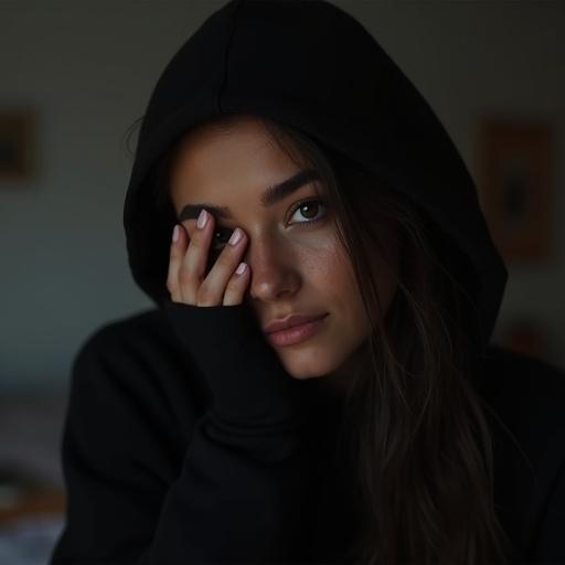 Petite brunette wears black hoodie with hand slightly covering face. Slightly blurry filter in dark bedroom environment.