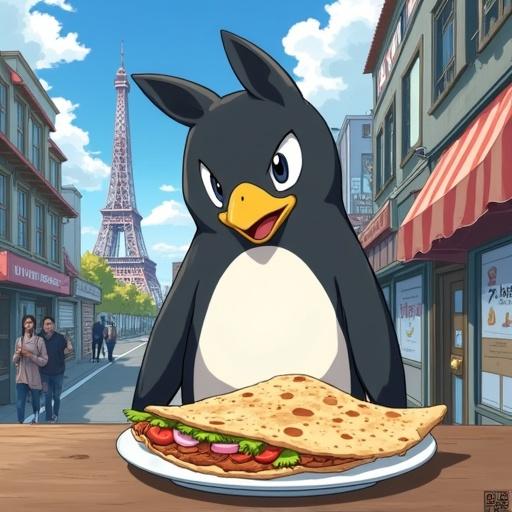 Anime illustration featuring Tokoyami Towa character with a large tortilla in front. Background shows the Eiffel Tower in Paris on a sunny day with people walking in the streets. Bright colors. The scene is inviting and fun.