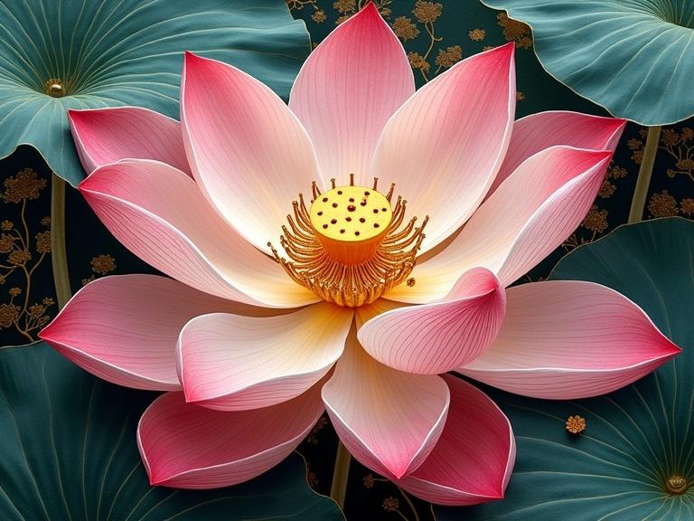 Gorgeous lotus flower embroidered on Chinese silk. Intricate details and textures with pink and cream petals. Elaborate brocade background.