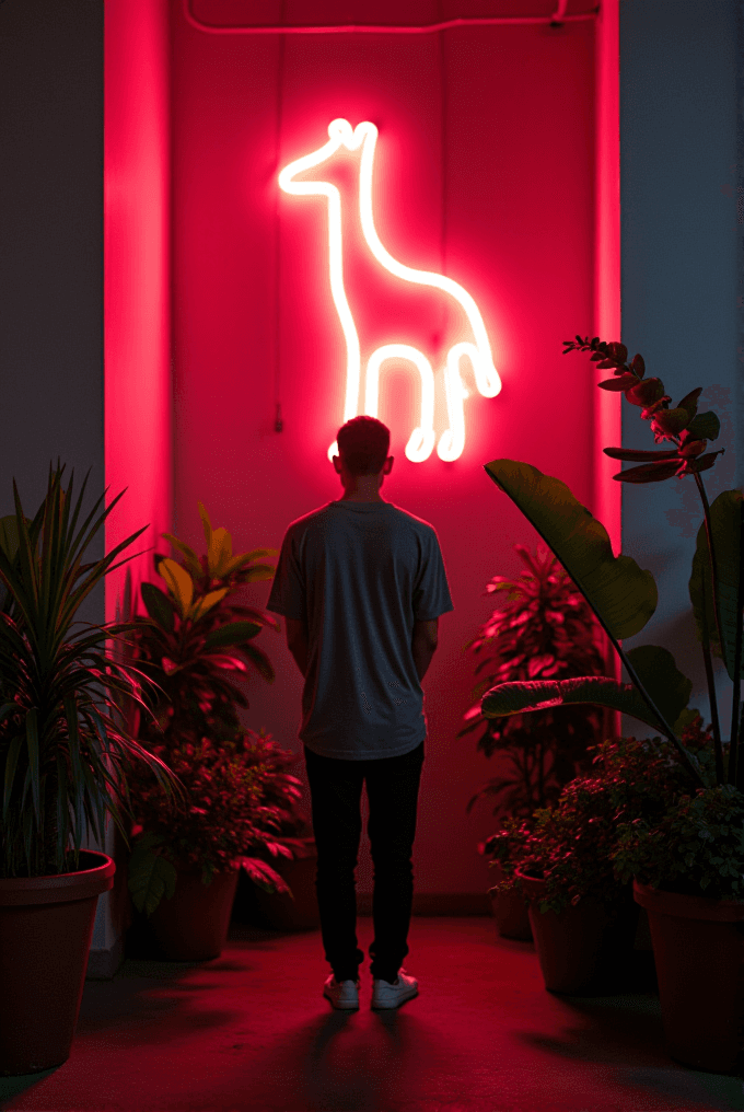 A person stands in front of a glowing pink neon giraffe sign surrounded by potted plants.