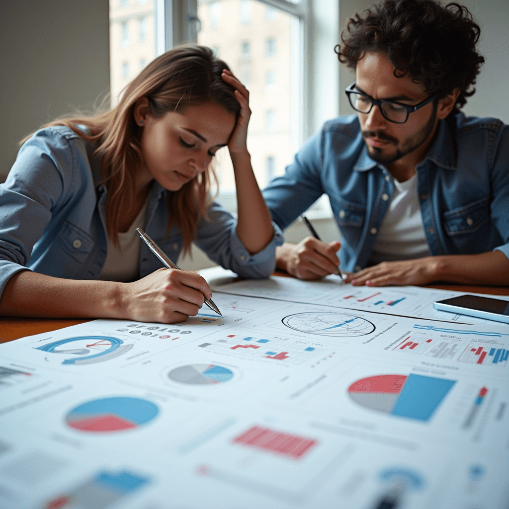 Two people are focused on analyzing printed charts and graphs at a table.