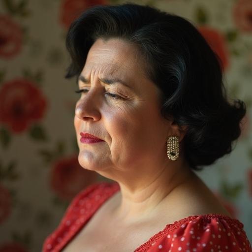 Portrait of a beautiful woman, housewife, around 40 years old. She shows facial wrinkles with a 1950s classic hairstyle and shy expression. Eyes closed, mouth closed. Wears diamond hairrings and has big red lips. Floral wallpaper features in background. Captured in a side view.