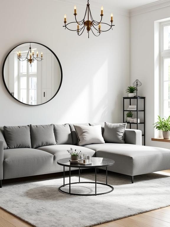 Image shows modern living room with bright and airy feel. Walls are white with light wood floor. Large grey sectional sofa takes center stage. Glass coffee table has black metal frame. Stylish chandelier features gold bulbs. Round mirror on wall reflects natural light. Black metal shelving unit houses small plants and decorative items. Soft light grey and white rug is under the coffee table. The entire look is minimalistic with soft textures that invite coziness. Realistic daylight settings create a welcoming vibe. Nothing is out of place.