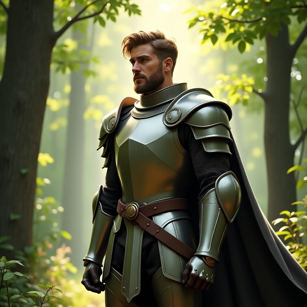 Knight wearing shiny armor stands in a lush green forest. Trees envelop knight, casting soft light. The atmosphere feels heroic and adventurous.