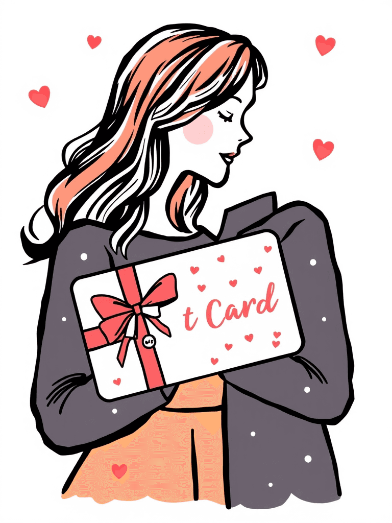 A stylized illustration of a woman holding a gift card adorned with a red ribbon and surrounded by hearts.