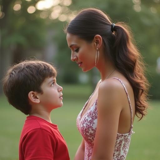 Side view of a woman and a boy in a foster home. The woman is wearing a sundress and engaging in conversation with the boy. The background is green and natural. The scene reflects warmth and connection.