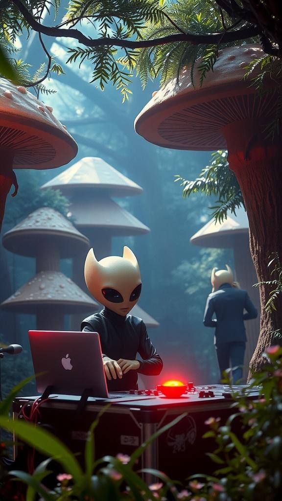 A surreal scene of an alien DJ mixing music in a mystical forest of giant mushrooms.