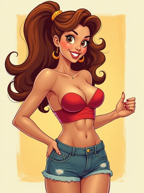 Cartoon character in pin-up style. Young woman with long hair and confident smile. She wears red top and denim shorts. Bright yellow background.