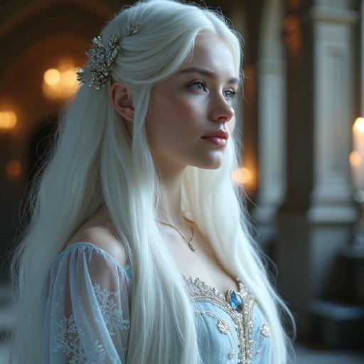 Elegant adult woman with long platinum blonde hair and icy crystal hair ornament. She has a gentle smile and porcelain-smooth skin. Features high cheekbones, clear blue eyes, and wears a translucent gown with silver embroidery. Standing in a grand candlelit hall with arched windows and stone columns.