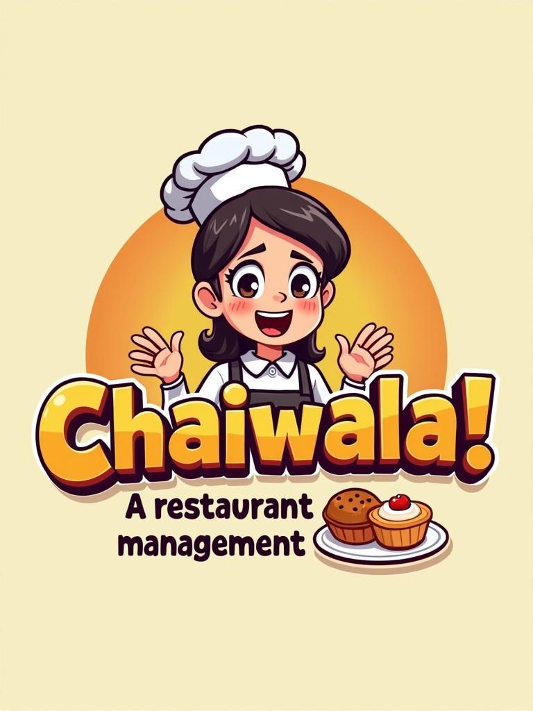 Generate a colorful cartoon game logo for Chaiwala A restaurant management drama. Include a happy and tired character. Include some dishes like Tea, Cookies, Buns.