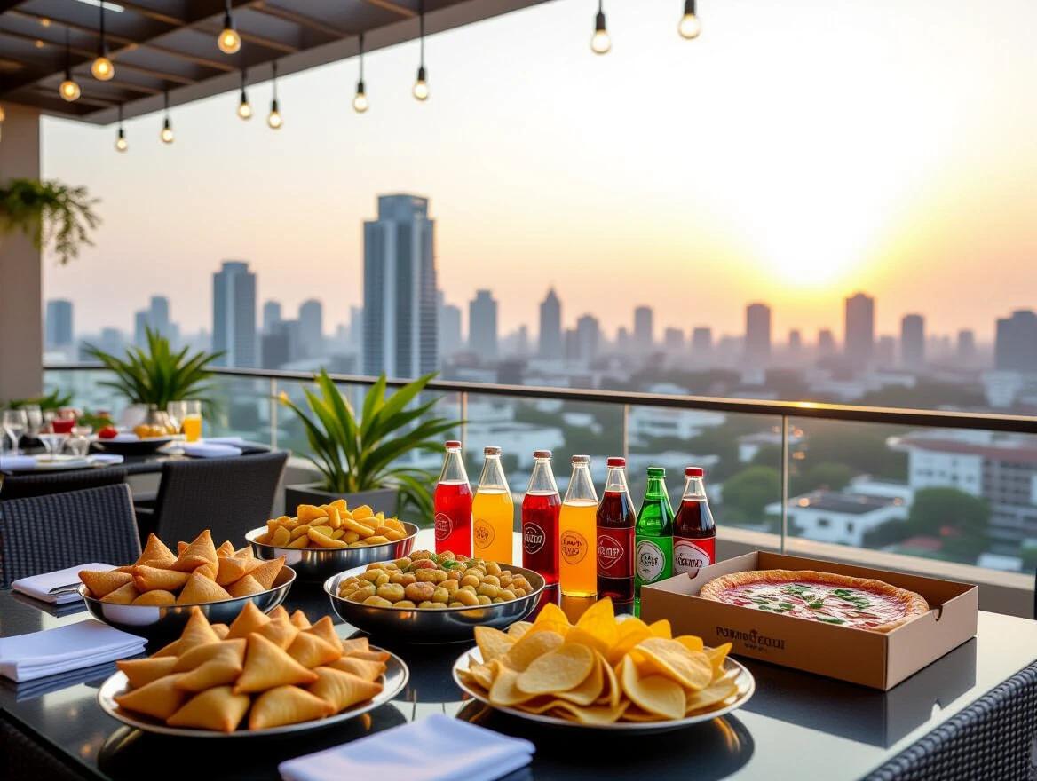 Close-up shot of a stylish party table on a luxurious rooftop terrace. Elegant platters with assorted Indian and international snacks. Samosas chips finger foods soft drinks with visible labels. Branded soda cans cupcakes desserts pizza boxes. Clean glassware and napkins arranged on the table. Warm sunset lighting with ambient string lights. Distant modern skyline showing Indian-style towers and greenery. Clear sharp labels and realistic texture. Elite festive mood with soft shadows.
