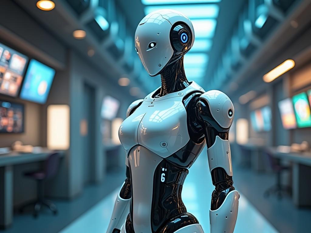 A humanoid robot in a futuristic laboratory, featuring sleek metallic design and advanced technology elements, with soft ambient lighting and neutral background tones.