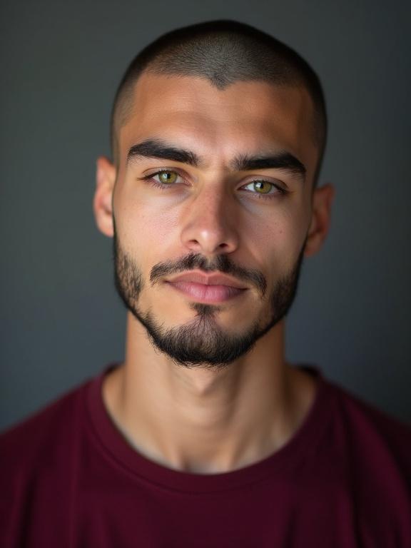 A studio portrait photograph captures a young Arab man with bright green eyes and a closely shaved head. The man wears a deep burgundy t-shirt that complements his complexion.