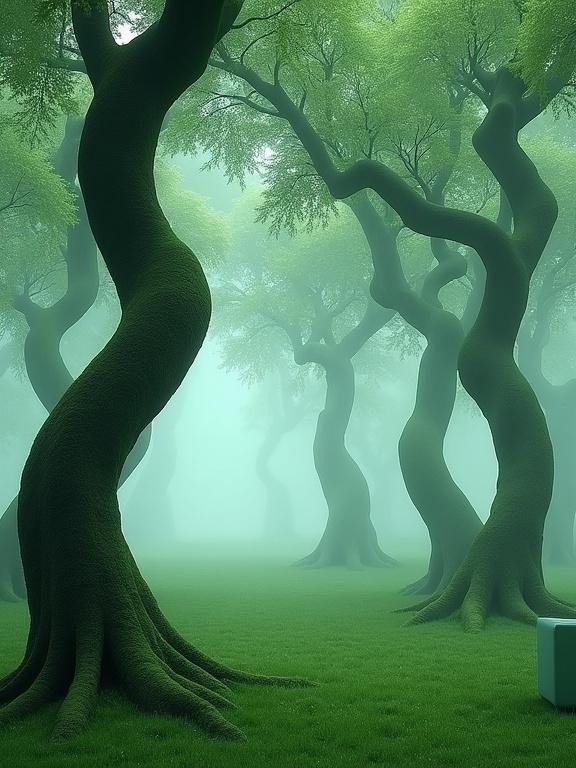 Serene dreamlike forest scene evokes calm and enchantment. Rich vibrant green trees with unique curves creating an artistic view. Ground covered in smooth velvety grass. Gentle mist fills the air, adding atmosphere. Small bench placed on the grass, contrasting with natural hues. Overall mood feels magical and refreshing.