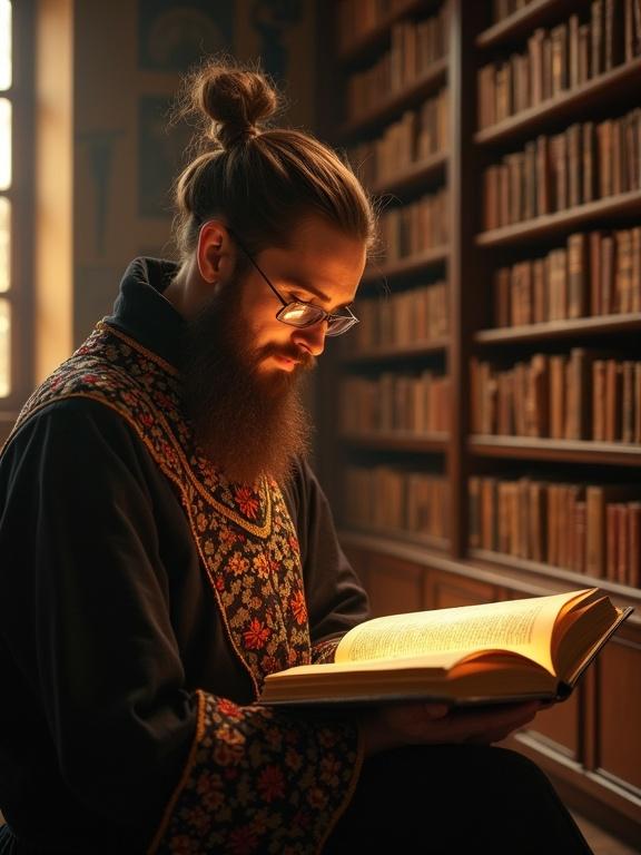 Scholar in a grand library reading ancient tomes. Warm golden light illuminates the scene. The library contains wooden shelves filled with books. Scholar has glasses and a beard. Traditional clothing with floral embroidery. A serene atmosphere of learning and knowledge.