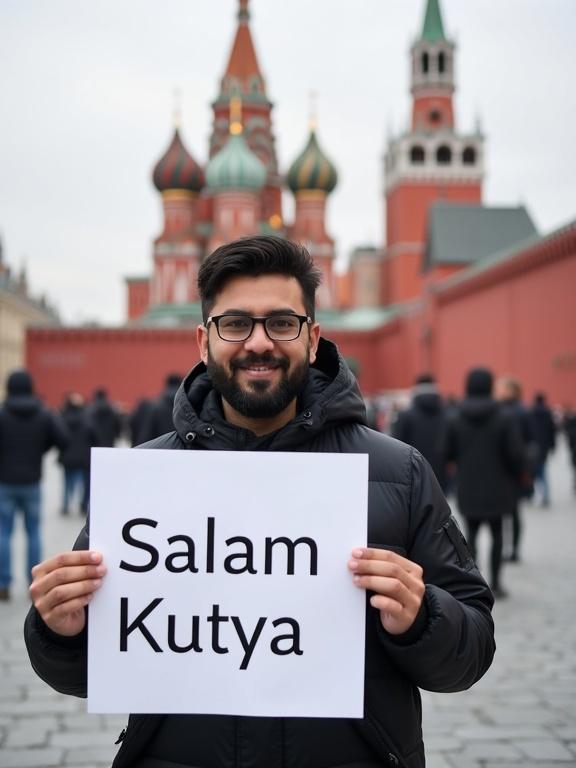 Asian man with glasses stands in Red Square in Moscow. He holds a white sign displaying text 'Salam Kutya'. Background features iconic red buildings and towers. Dimensions suited for social media or blog use.