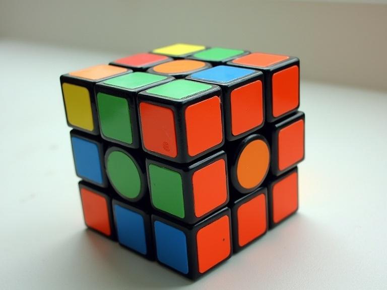 Image features a classic Rubik’s Cube on a white surface. The cube is scrambled with blue green red yellow and orange colors. The cube is positioned in a way to show all sides.