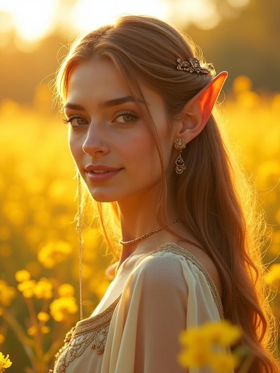 Cinematic portrait of a young female elf in a glowing meadow. She has straight light brown hair with reddish undertones tucked behind her ears. Oval-shaped face with fair skin and youthful features. Defined eyebrows and almond-shaped eyes. Nose is narrow and lips are full. Calm expression with slight smile. Slender build dressed in gold circlets and embroidered robes. Surrounded by yellow wildflowers. Backlit by sun. Ultra-detailed fantasy art.