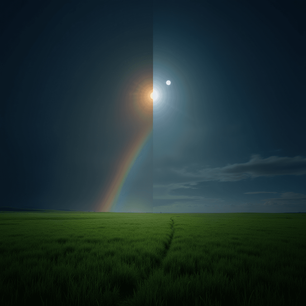 A serene landscape featuring a rainbow with a sun and moon in a twilight sky.