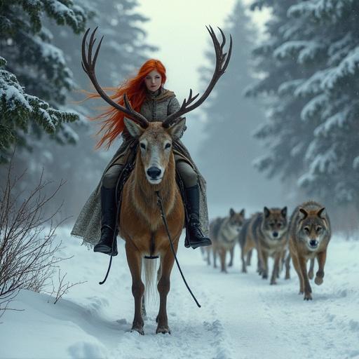 Fantasy scene featuring a red-haired fairy queen riding a great stag through a snowy forest with a pack of wolves nearby.