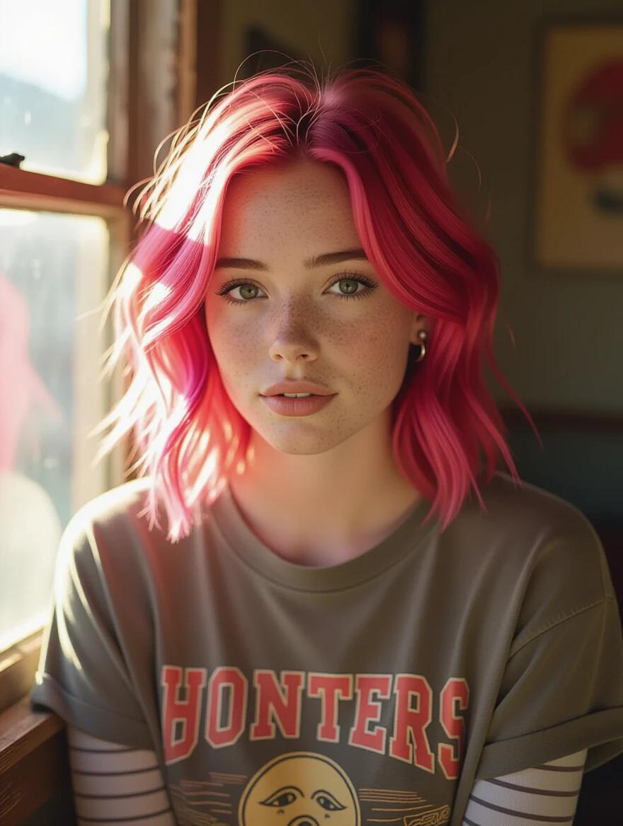 Cinematic photorealistic medium shot of a young woman with pink hair and freckled skin looking into the camera. She wears an oversized vintage band t-shirt over a long-sleeved striped top. Soft golden hour sunlight streams through a dusty window. Background features a cluttered bedroom with posters and fairy lights.