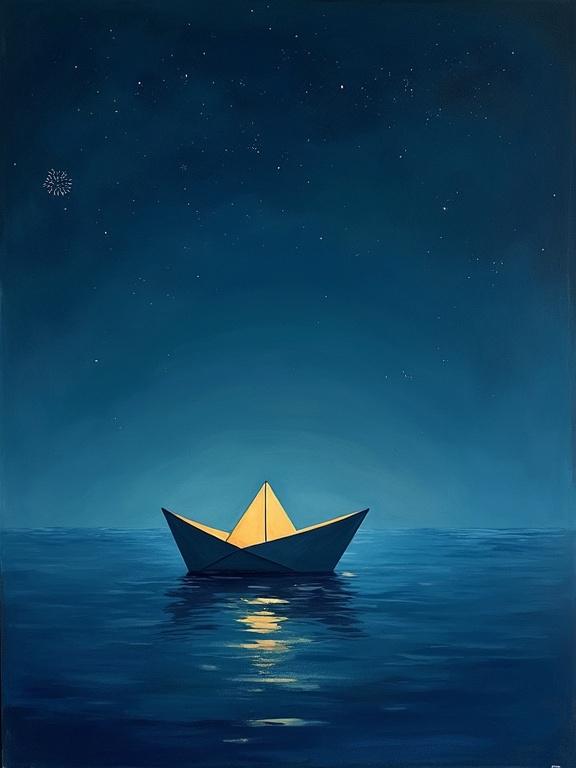 A small paper boat sails through a vast night sky ocean. Stars reflect on the water. Dreamlike minimalist composition with abstract forms and textured brushwork. Emotive visual storytelling illustrated.