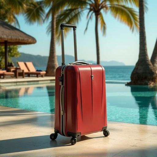 Rimowa suitcase in tropical luxury hotel setting. Visible Rimowa logo on suitcase. Scene exudes luxury and exclusivity. Suitcase near serene pool surrounded by palms.