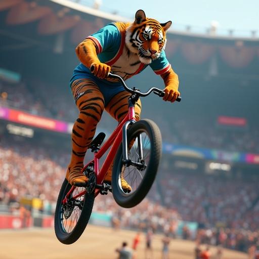 Tiger in sporty outfit performs BMX tricks at Olympic arena. Mid-air impressive stunt on BMX bike. Surrounding cheering crowd and Olympic banners. Ultra realistic, highly detailed, with motion blur and dynamic lighting. Aspect ratio 9:16.