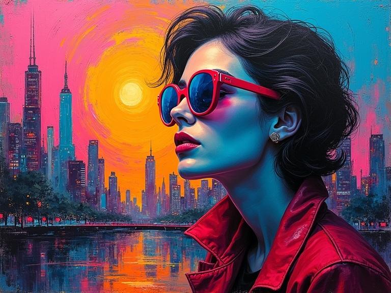 Stylish woman in sunglasses against a vibrant city skyline. Abstract expressionist style with vaporwave influences. Thick impasto technique showing textures. Bright colors of pink, blue, and orange dominate.