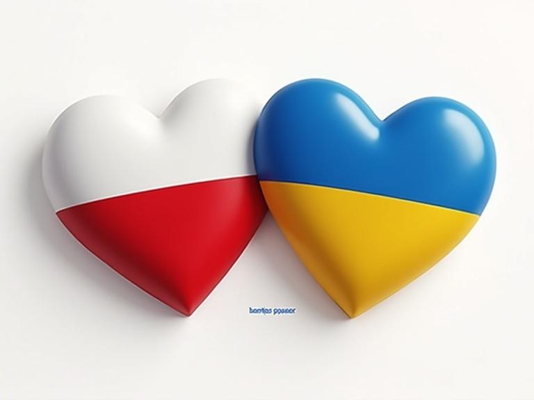 Digital illustration represents friendship between Poland and Ukraine. Two glossy hearts colored in national flags. Dynamic view with a sense of movement.