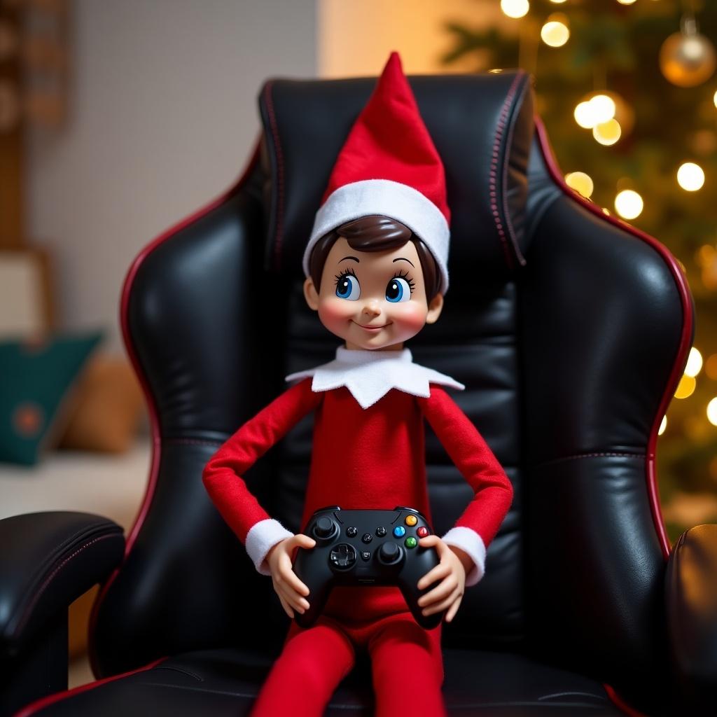 The image features an adorable elf on the shelf sitting on a gaming chair holding a video game controller.