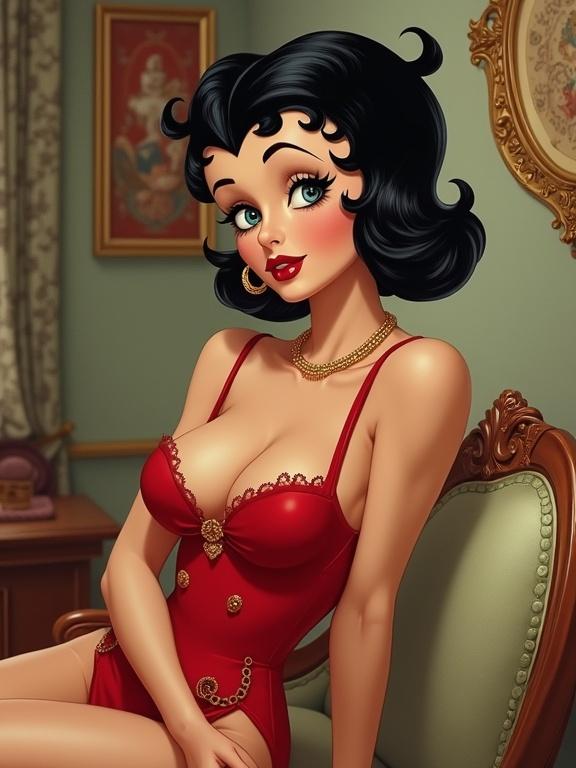 Woman personifying pinup style in a vintage setting. She has black hair and a confident smile. Dressed in a red outfit, sitting on an elegant chair. Background features classic decor.