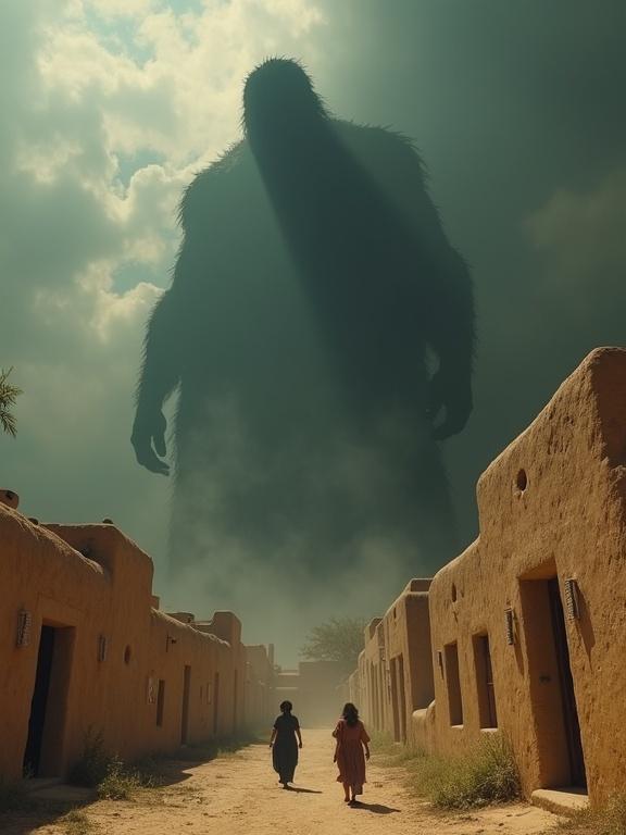 A hyper-realistic cinematic scene. A massive shadow of a giant looms over a village made of adobe houses. People scatter in fear. The scale is immense. High-contrast lighting gives a dramatic effect. Highly detailed visuals.