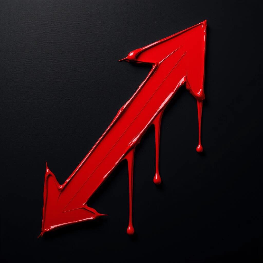 A red arrow painted thickly on a black background. The arrow appears to drip slowly, with visible brushstrokes and an organic feel. Edges of the arrow show imperfections, suggesting a hand-painted technique with a visceral quality.