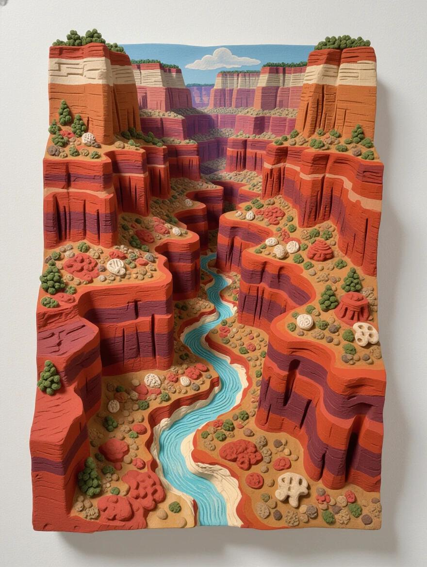 Art installation depicting Grand Canyon formation with clay layers. Strata carved to show geological evolution. Various colored clays represent different geological periods. Water erosion patterns shown through finger carving. Small clay formations and fossil impressions depict geological history. Sculpture on professor's desk with real rock samples.