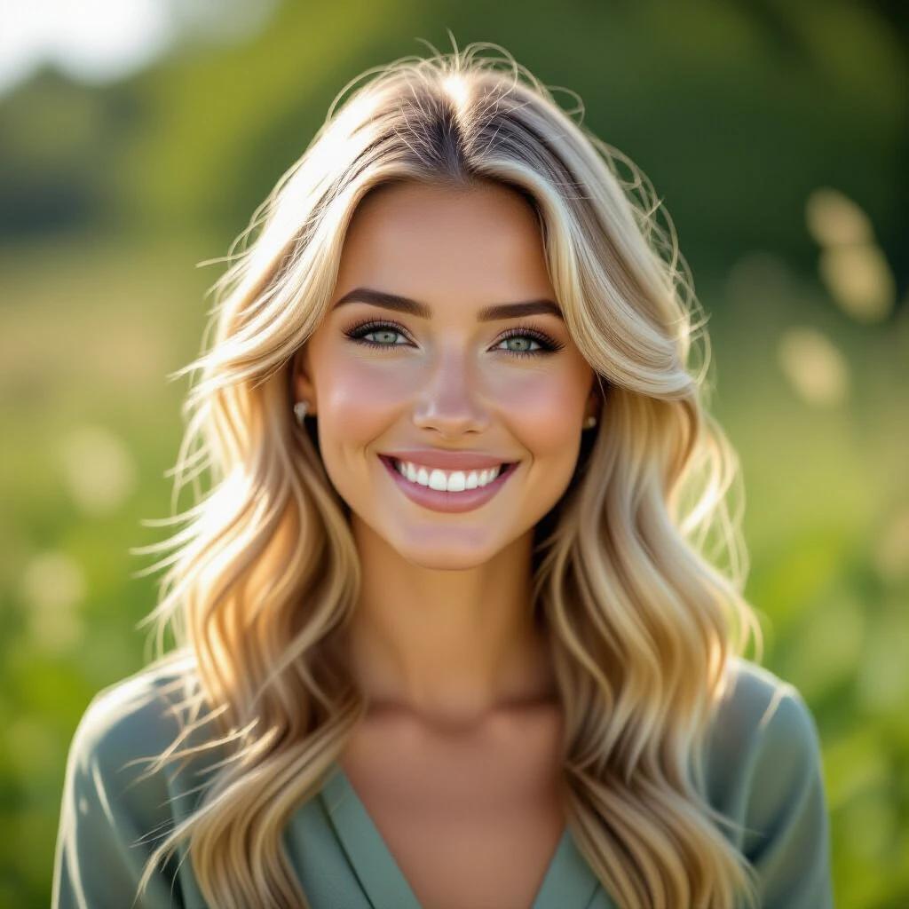 A woman with blonde hair stands in a lush natural background. She has soft waves in her hair. The setting has a green and vibrant ambiance. Sunlight softly illuminates her from the front. The image conveys a sense of beauty and tranquility.