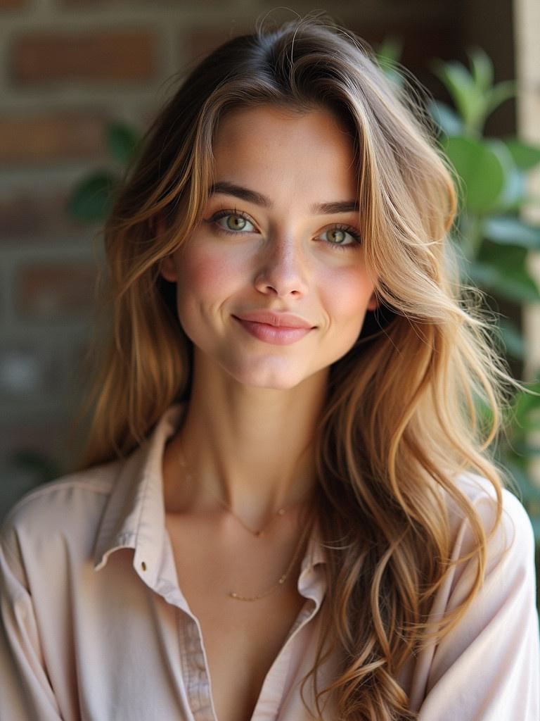 A young woman with wavy hair wearing a light blouse is sitting in a room filled with plants. She has a warm and inviting presence. The background consists of a brick wall that complements the color palette. Natural light softly illuminates her from the front.