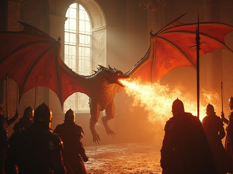 A flying dragon enters through the broken window, spitting fire while fighting with knights in a bright, cinematic scene.
