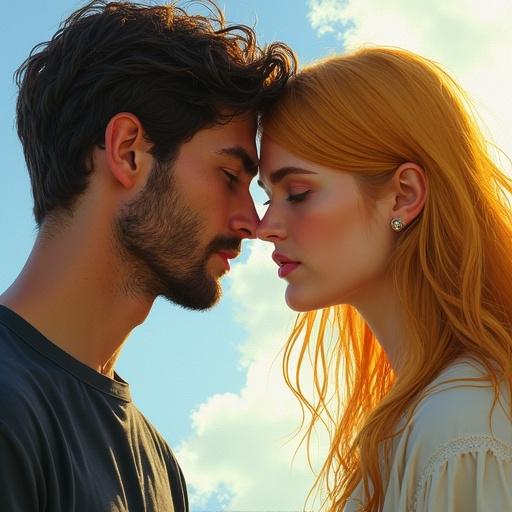 Semi-realistic illustration of a man gazing at a woman with closed eyes. She has golden hair. They are in a fantasy world.